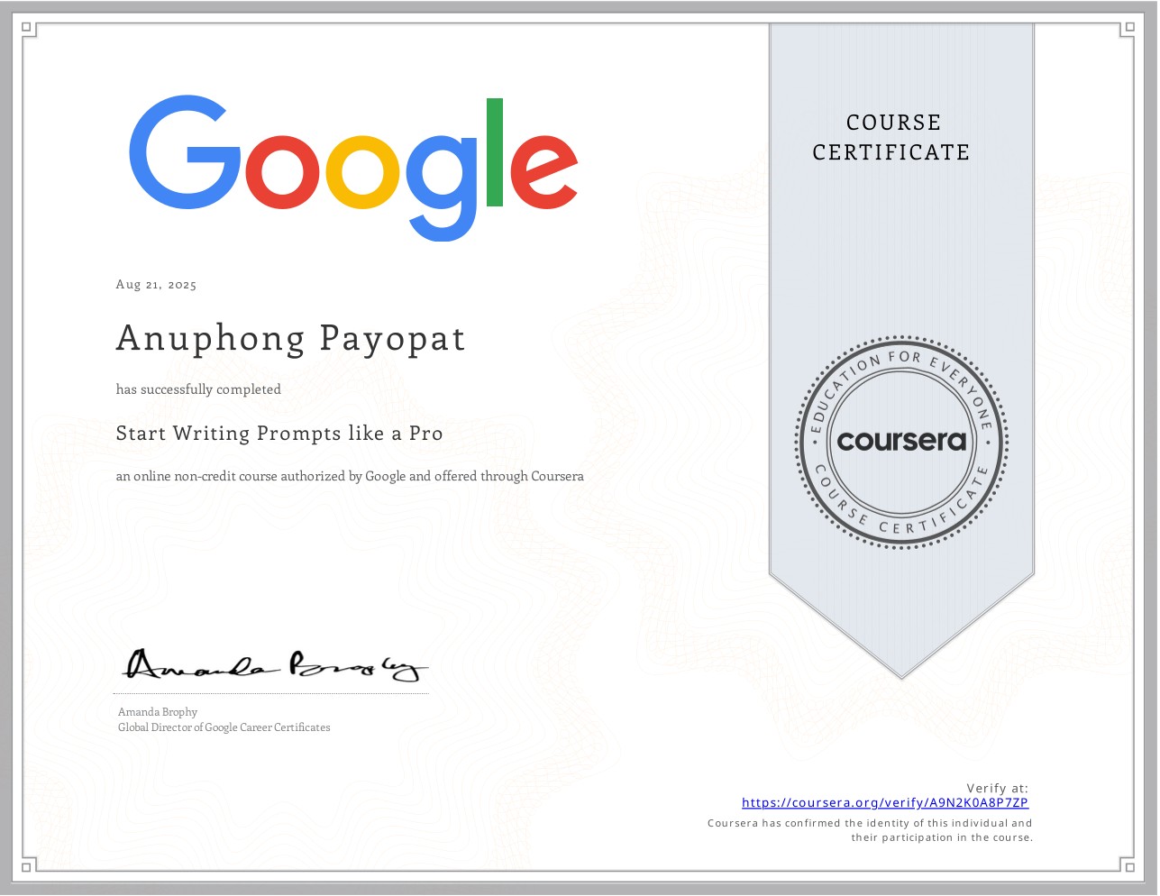 Google Prompts Certificate